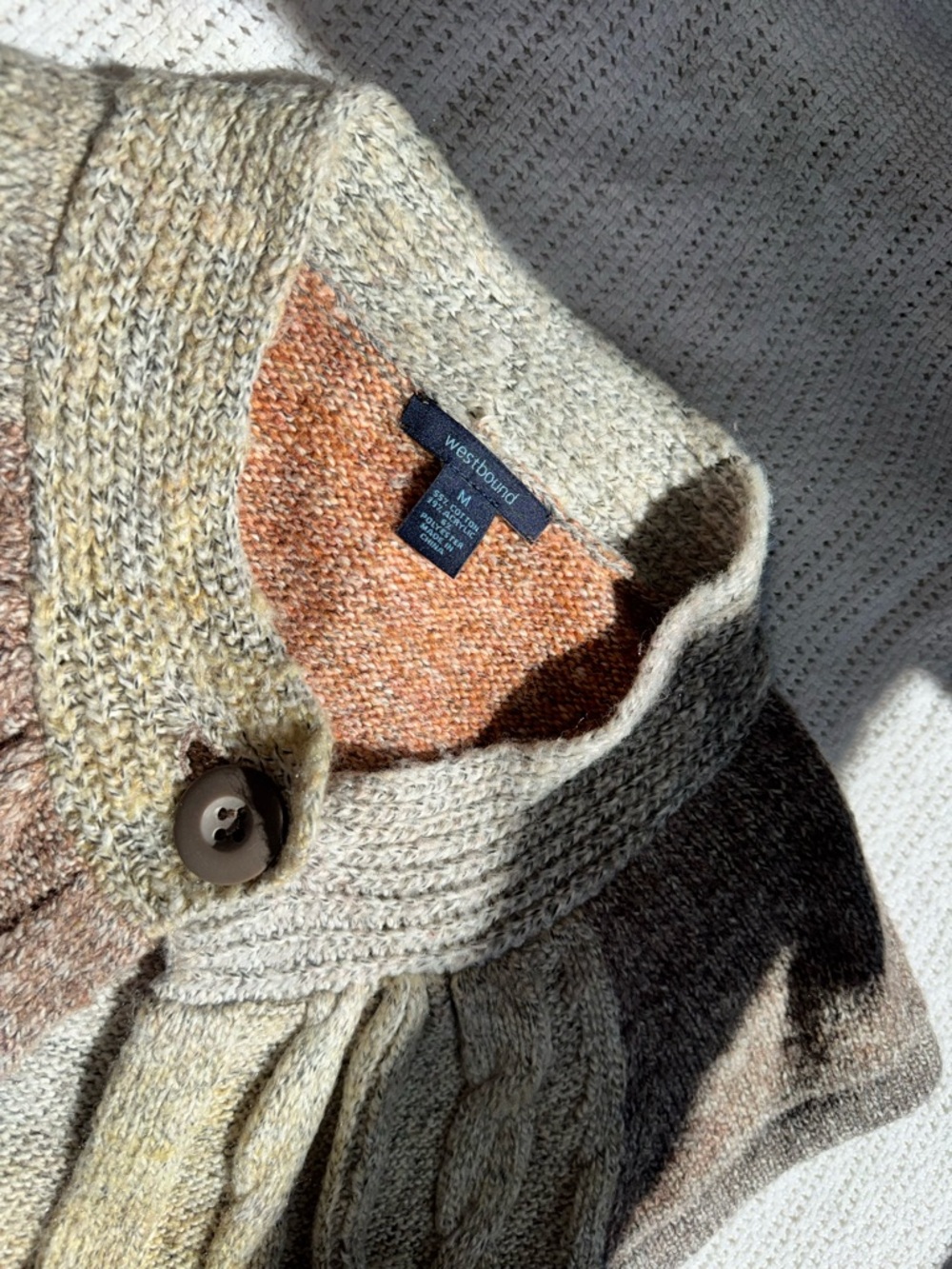 Westbound Cream and Tan Cable Knit Cardigan with Orange Accent